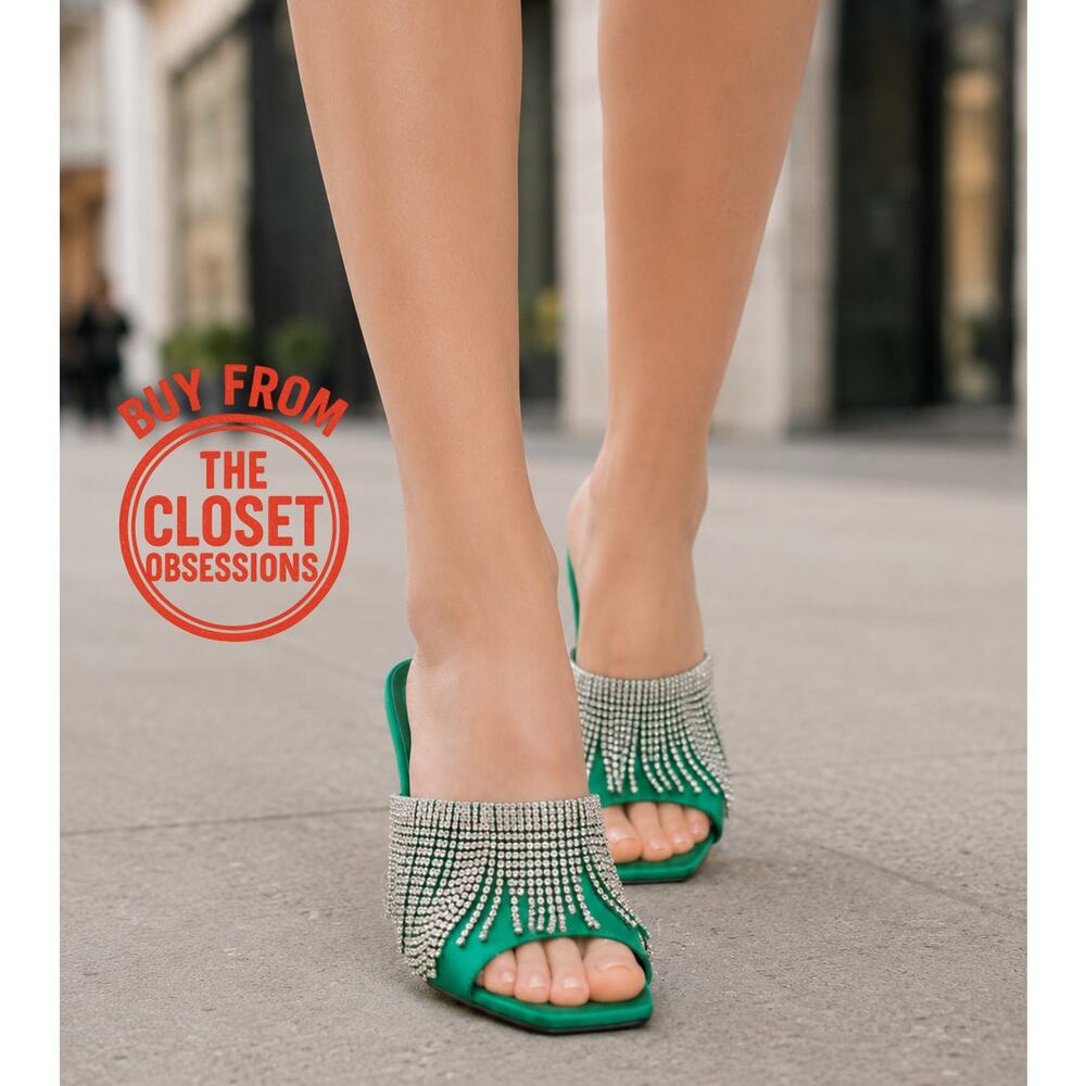 Zara Rhinestone Fringe Mule Heels Green Statement Sandals NWT - Picture 4 of 16